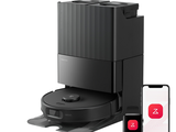 a black coffee maker with a smart phone next to it