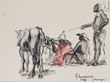 dessin représentant un homme debout à côté d'une vache, tandis qu'un autre homme tient une corde
