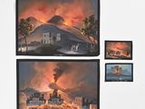 peintures sur un mur d'une ville, avec un volcan en arrière-plan