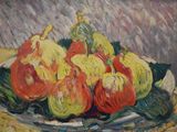 a painting of apples and pears on a plate