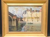une peinture à l'huile représentant un pont sur une rivière avec des bâtiments à l'arrière-plan