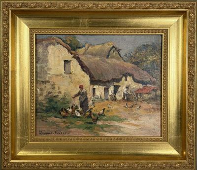 une image représentant un tableau où l'on voit un homme et un chien devant une maison au toit de chaume
