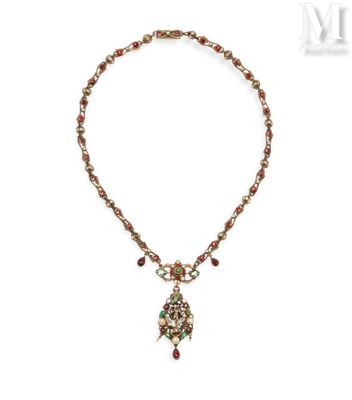 a close up of a necklace on a white background