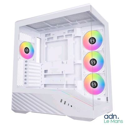 un boîtier d'ordinateur blanc surmonté de trois ventilateurs colorés