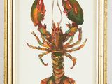 painting of a lobster in a gold frame on a white wall
