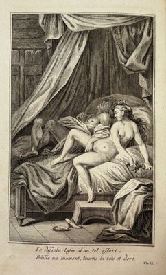 un vieux livre sur lequel figure le dessin d'une femme allongée sur un lit, à côté d'un chat