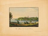 une vieille photo représentant un tableau où l'on voit une rivière avec un château en arrière-plan