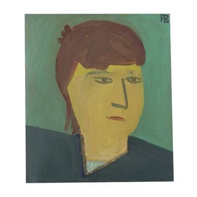 painting of a woman with a brown hair and a green background
