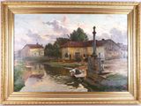 a painting on the wall of a house by the water