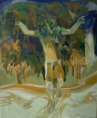 an oil painting of a man standing in the middle of a road