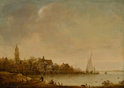 une peinture représentant une vue d'un port avec des bateaux dans l'eau