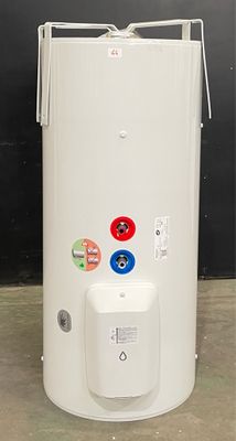 an image of a white water heater sitting on top of a cement floor