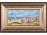 tableau représentant une scène de plage avec des personnes sur le sable et un voilier au loin