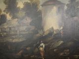 a painting on the wall of a room with a painting of a man and a woman