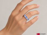 woman ' s hand holding a ring with a tanzane and blue sapphire stone
