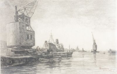 dessin représentant un bateau dans un port, avec un moulin à vent en arrière-plan