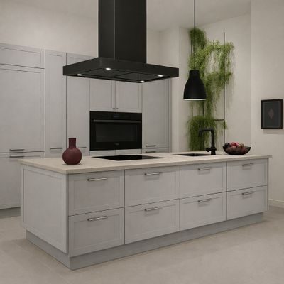 a large kitchen with a center island and a stove