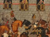 painting of a group of men riding on horses in front of a building