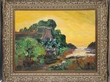 an oil painting of a house on a hill with a river in the foreground