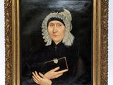 portrait of a woman in a black dress with a white bonnet holding a book