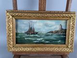 an oil painting of a sailboat in the ocean with a lighthouse in the background