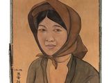 painting of a woman wearing a brown scarf and a brown shirt