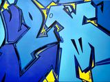 a painting of blue and yellow graffiti on a blue background