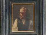 an old painting of a man in a black vest and white shirt