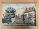 tableau représentant une vieille maison avec un banc devant