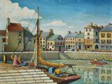 a painting of a boat docked in a harbor