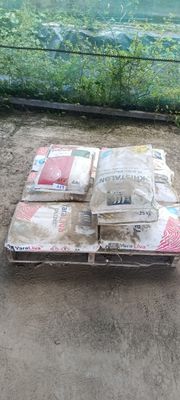 un chat assis sur une palette dans la terre