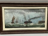 une peinture à l'huile représentant des bateaux en mer, avec un phare en arrière-plan