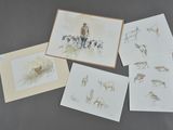 six cards with drawings of animals and people on them on a table