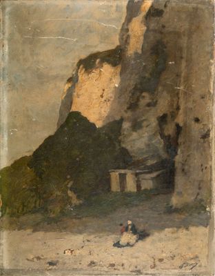 an old painting of a man sitting on a beach next to a cliff