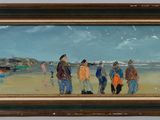 tableau représentant un groupe de personnes marchant sur une plage, avec des bateaux en arrière-plan