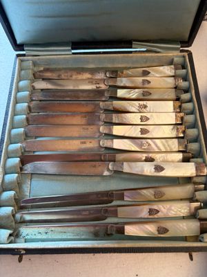 beaucoup de couteaux dans un étui posé sur la table