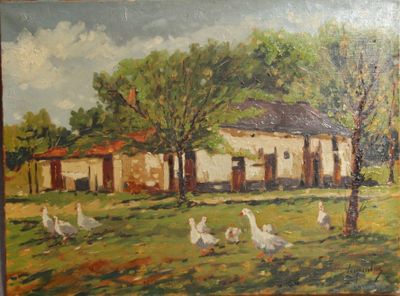 un tableau représentant des oies dans un champ près d'une maison