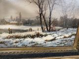 an oil painting of a winter scene with people skating on a frozen lake