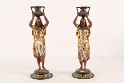 pair of antique bronze figurines of women carrying pots on their heads