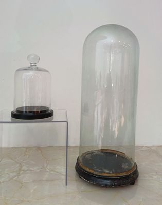 a glass clochet and a glass stand with a clock on it