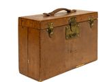 a brown suitcase with a handle on a white background