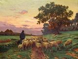 a painting of a man herding a flock of sheep in a field