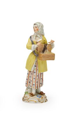 une image représentant une figurine d'un homme tenant un panier et un chat
