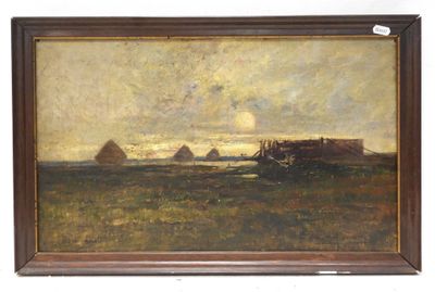 an image of a painting of a farm scene with a boat in the foreground