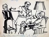 drawing of a woman serving food to a man at a table