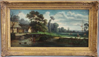 an oil painting of a landscape with a river and a house
