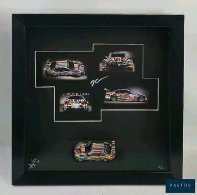 framed photograph of a race car with multiple pictures of it