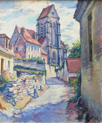 an oil painting of a street scene with a church in the background