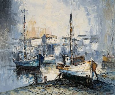 a painting of a harbor scene with boats in the water