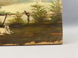 tableau représentant une chèvre couchée dans un champ, avec un oiseau perché sur son dos